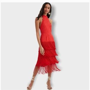 NWT Anthropologie Popular Red Fringe Halter Dress sz6